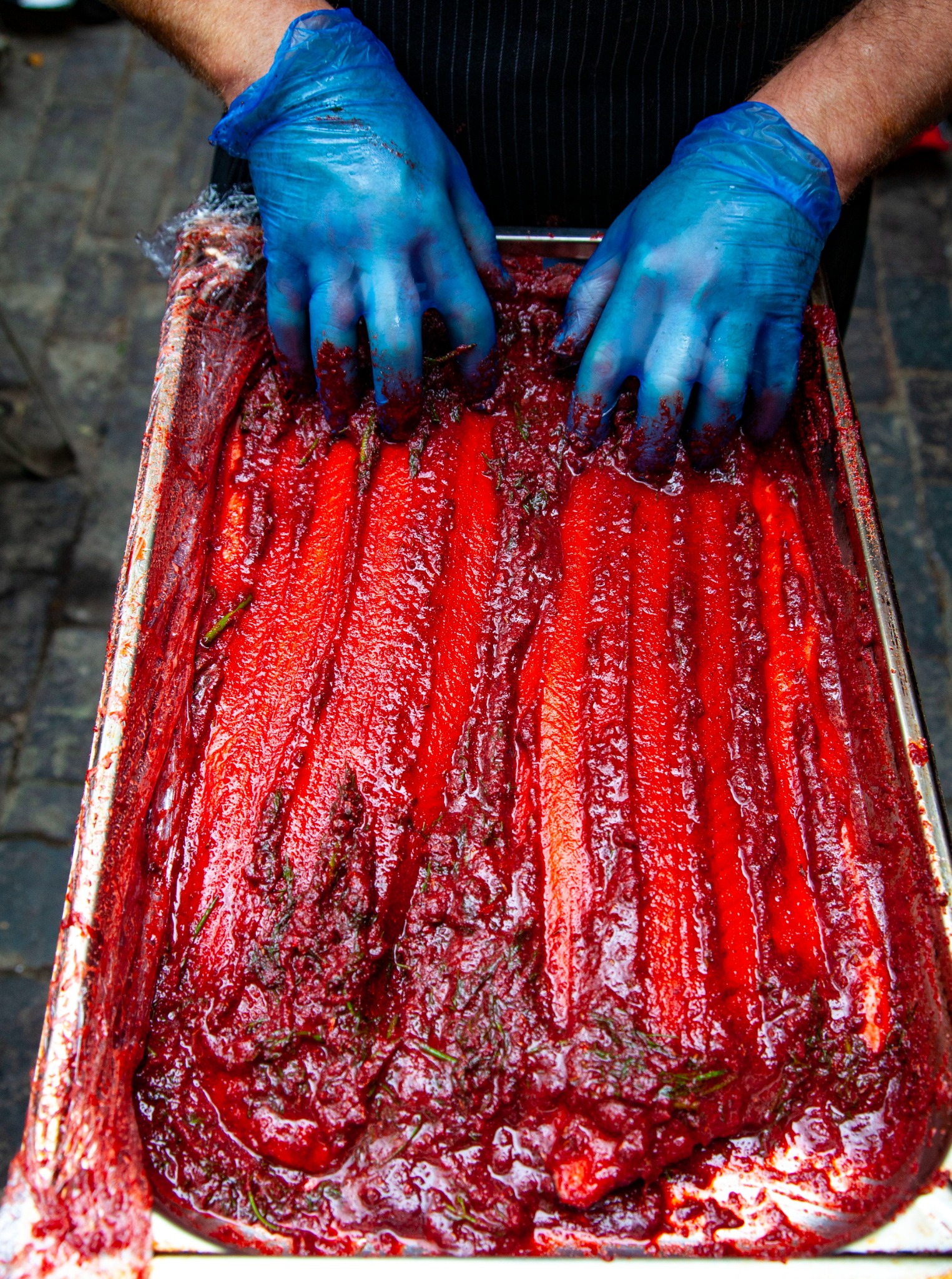 Salmon in beetroot and herb cure