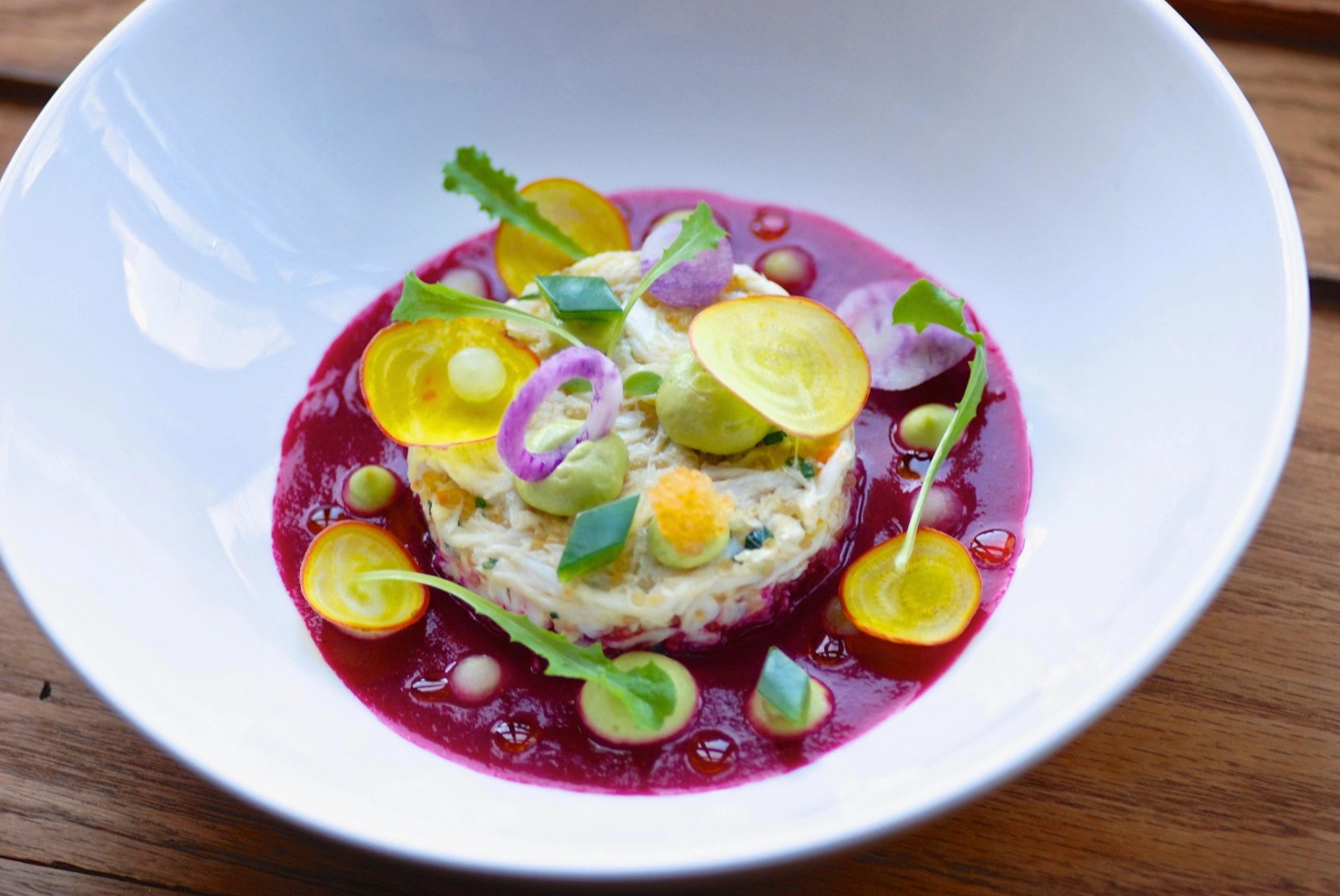 Crab, beetroot, avocado and golden beet