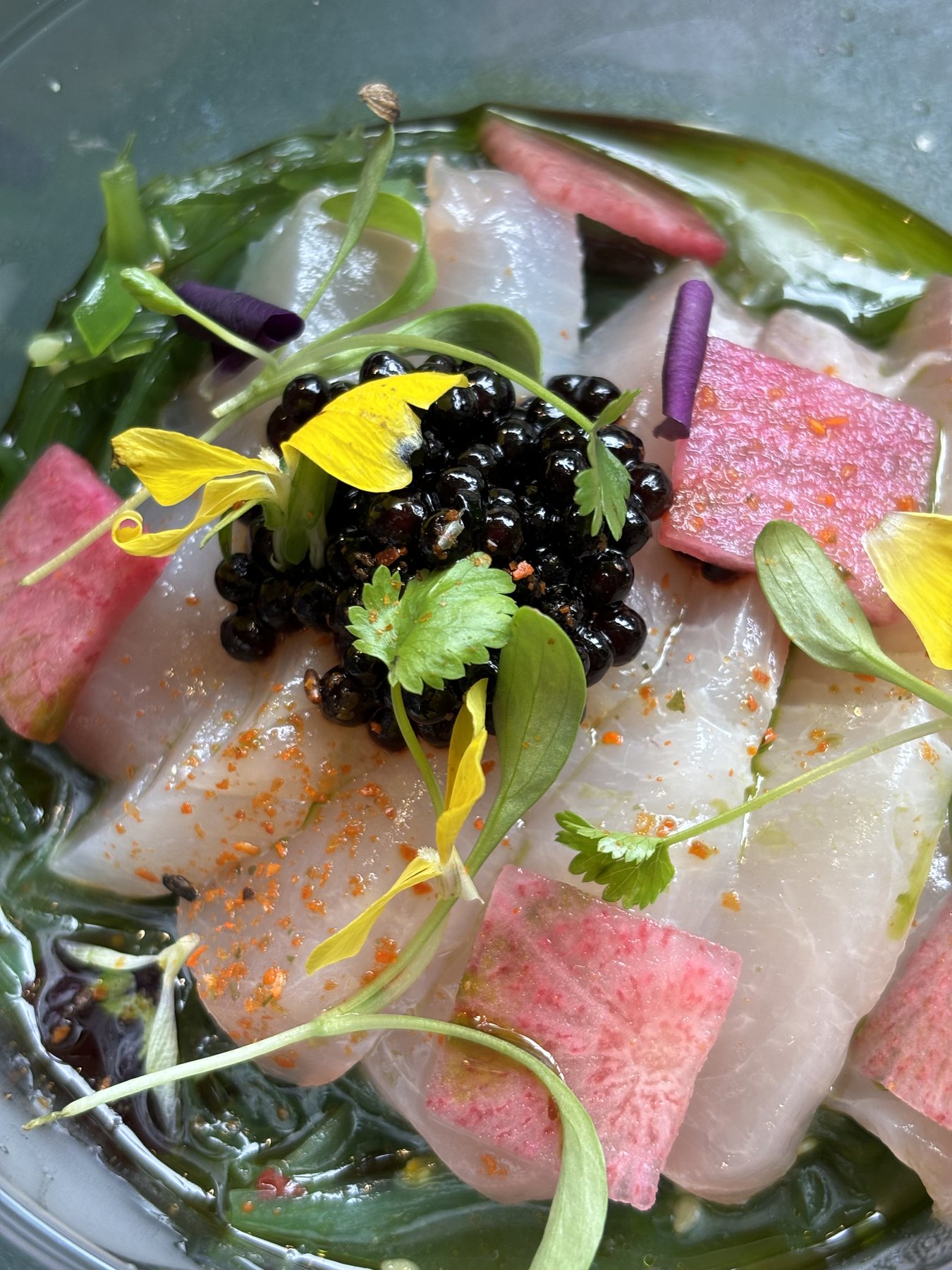 Crudo, caviar and watermelon radish
