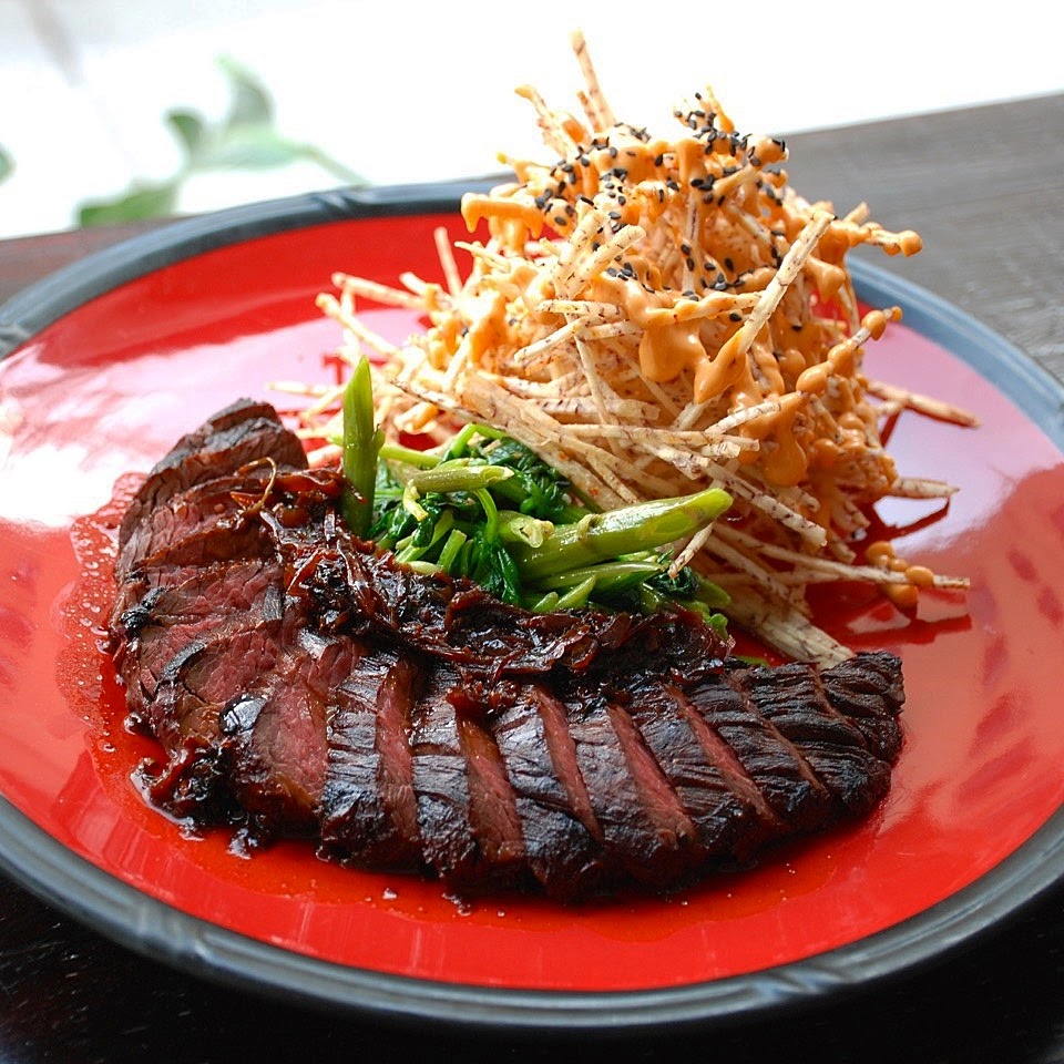 Grilled beef, greens and crisp potato