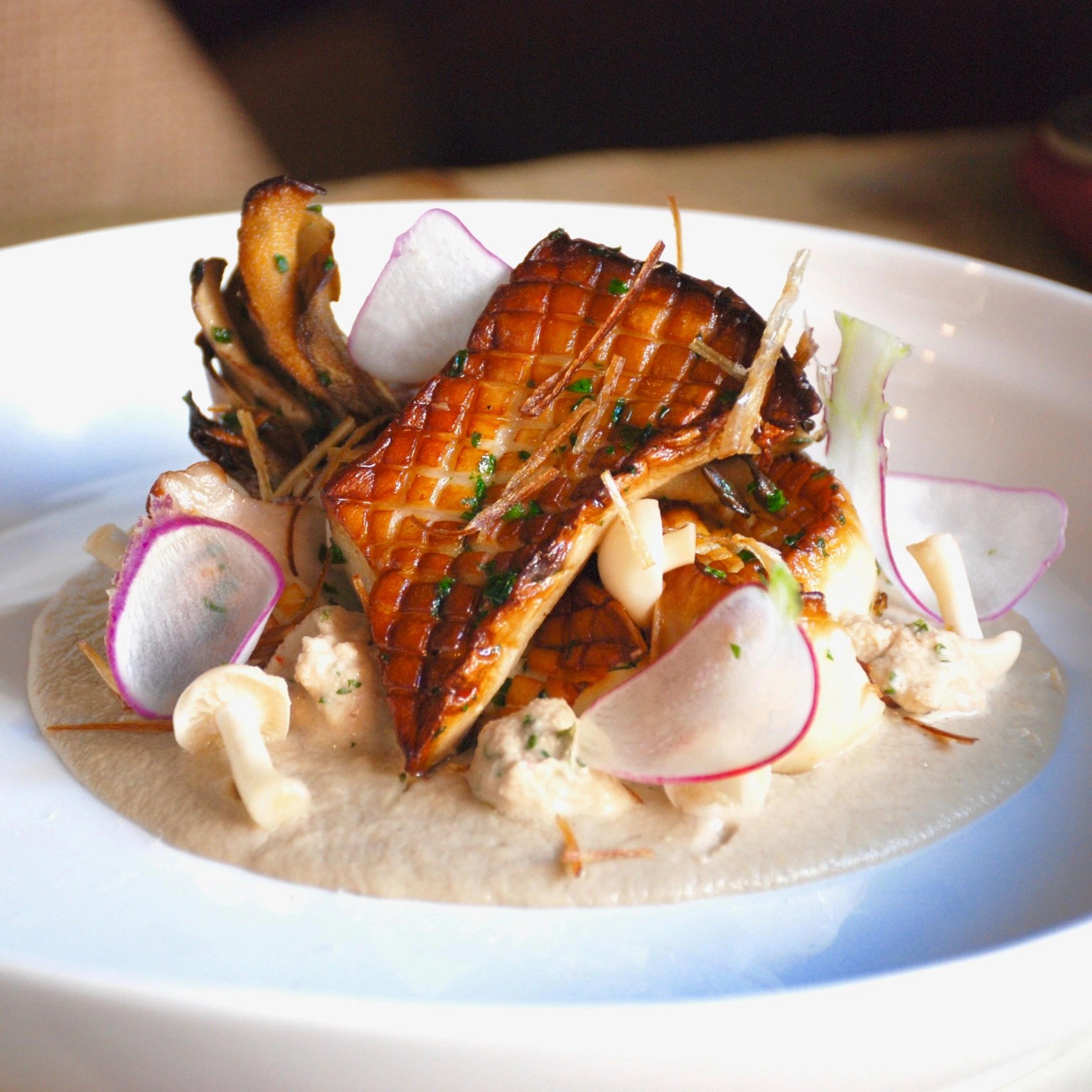 King oyster mushrooms, radish and mushroom purée