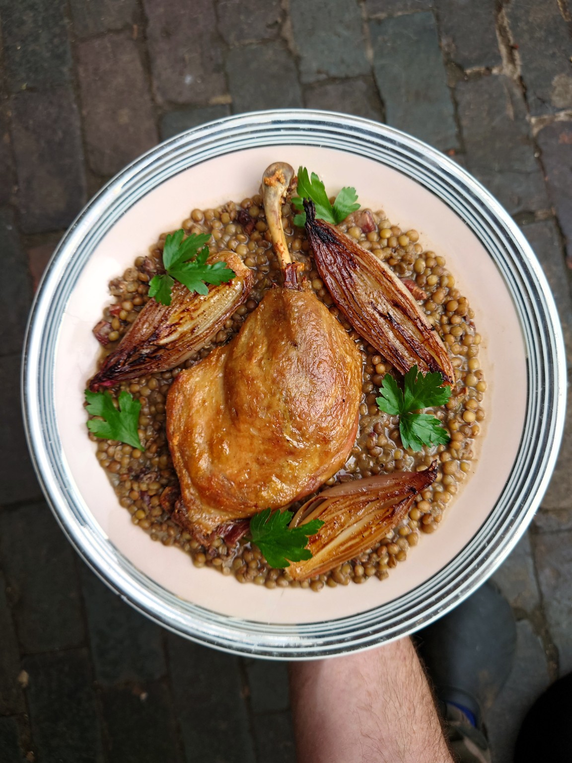 Roast bird over grains with herbs