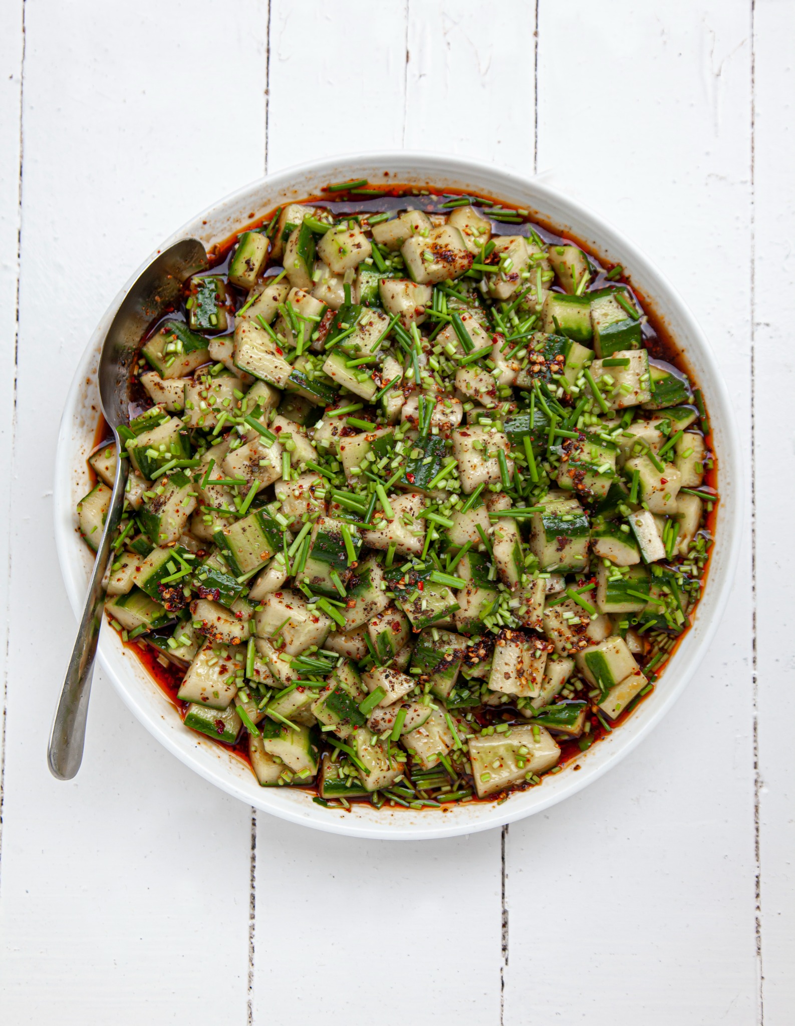 Smashed cucumber, chilli and chives